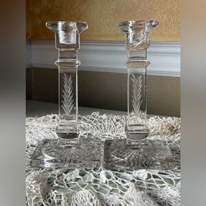 Pair Antique Crystal Etched Candlestick Holders